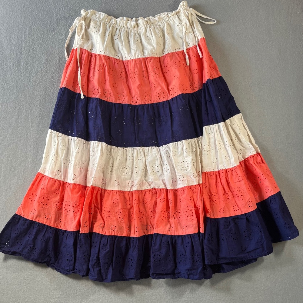 Anthropologie Hutch Womens Tiered Eyelet Maxi Skirt Coral Navy White Boho Large